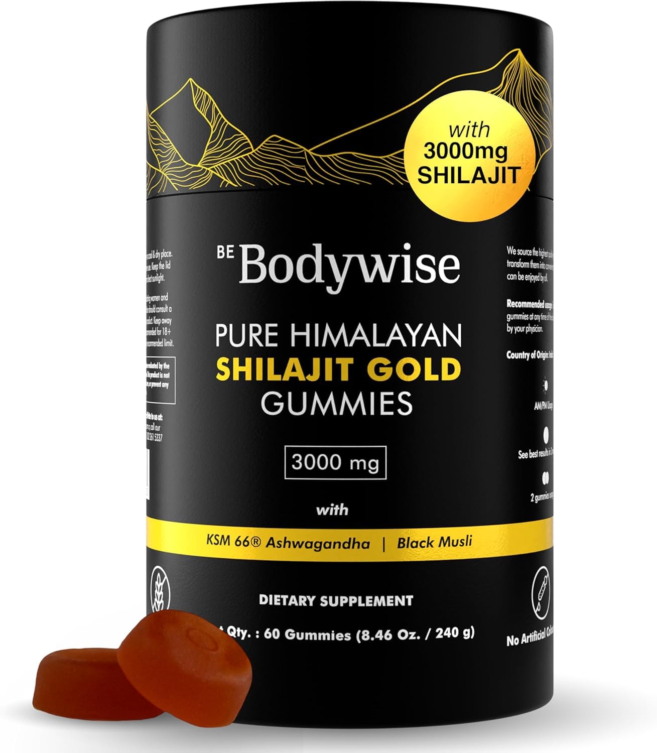 Be Bodywise Pure Himalayan Shilajit Gummies Gold — Lab Tested, No Added Sugar, Non-GMO, 100% Natural & Organic — Ashwaga